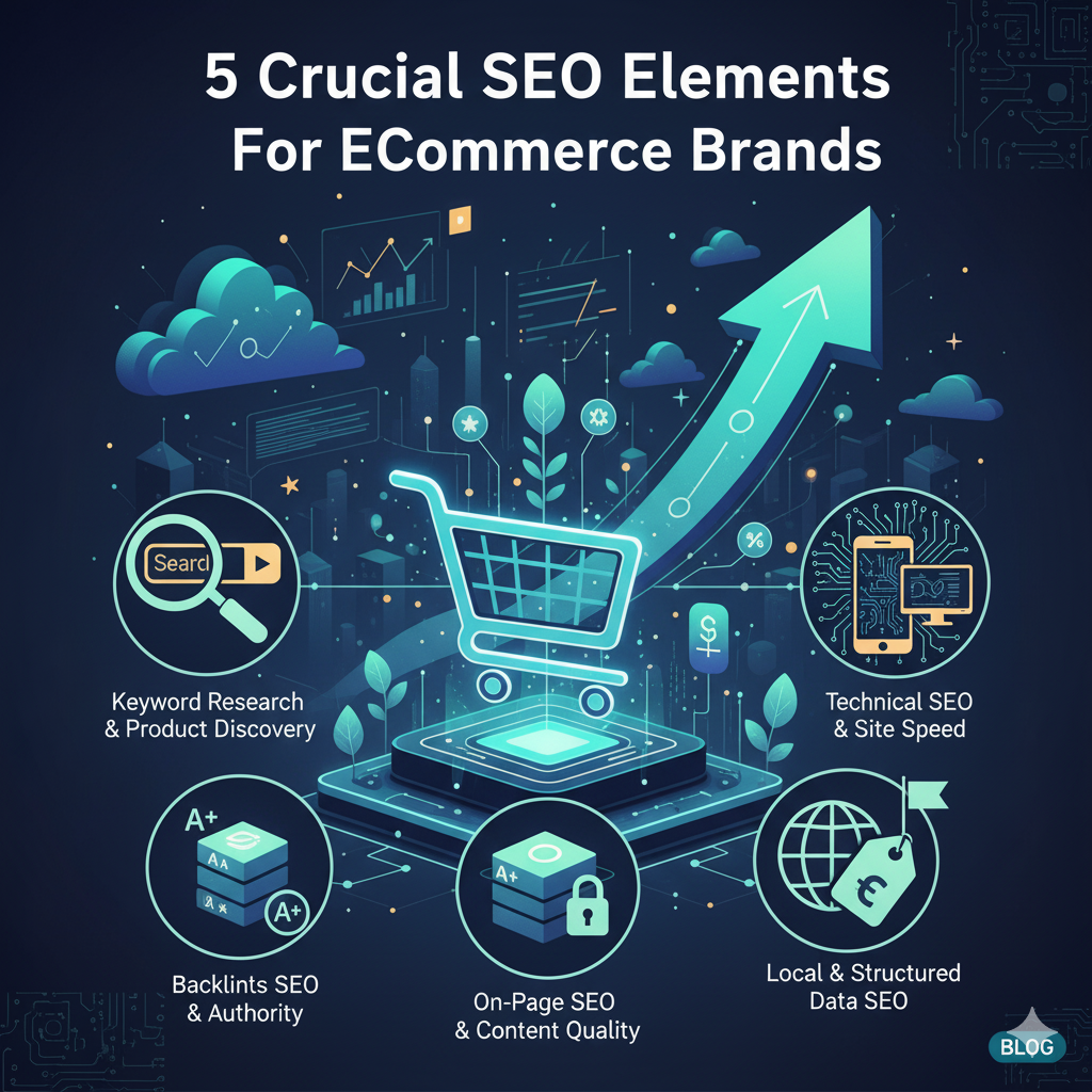 Top 5 crucial SEO elements for e-commerce brands including technical SEO and keywords - SEOTonic 2025 guide