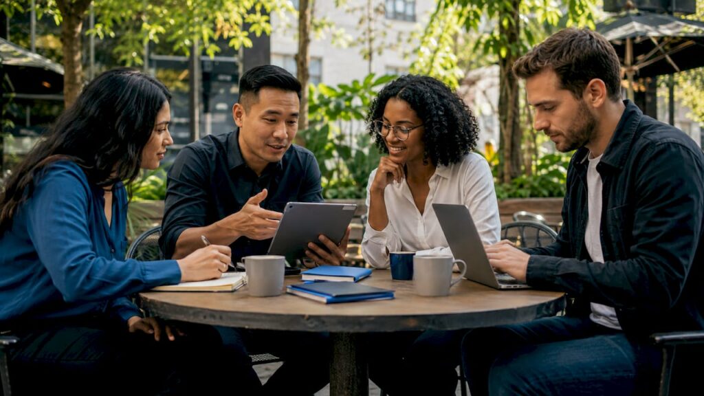 SEO specialists collaborating around desk