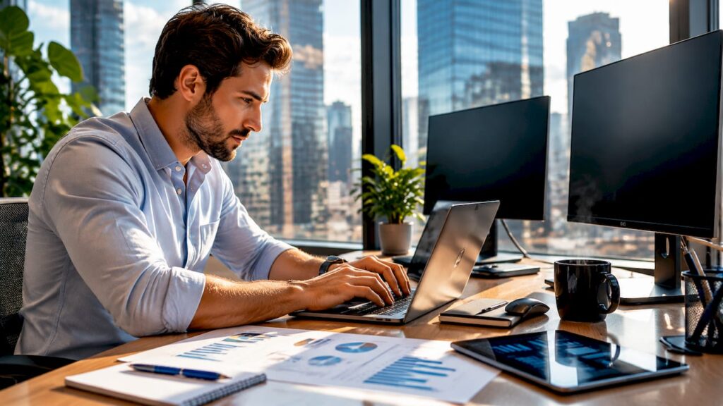 SEO strategist working with AI tools in office