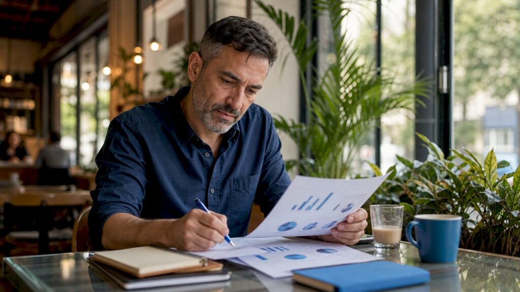 SEO consultant reviewing printed reports at desk