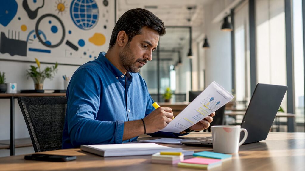 SEO specialist reviewing global SEO report