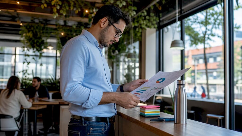 SEO strategist reviewing printed report at office desk