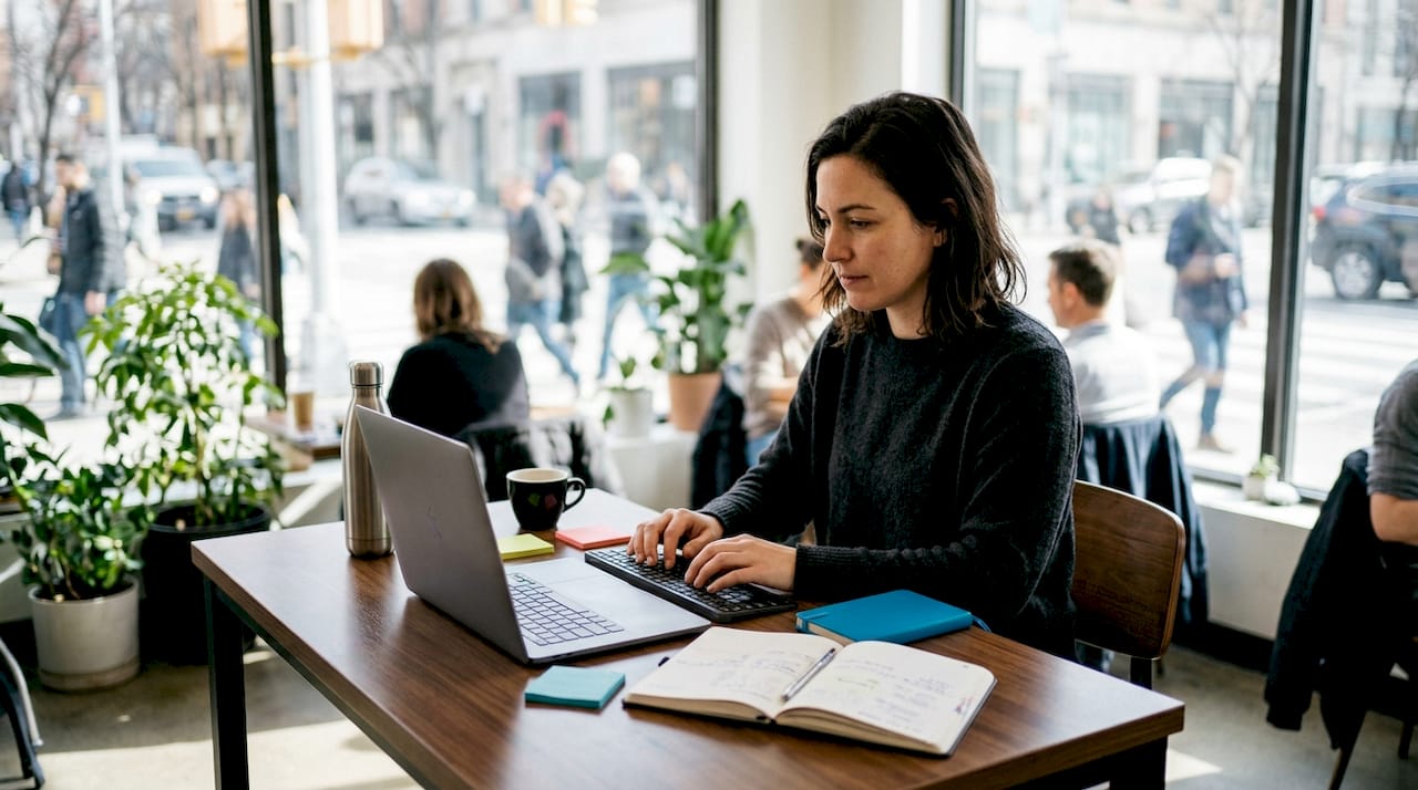 SEO specialist working at desktop in corner office