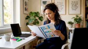 Woman reviewing SEO workflow documents at desk