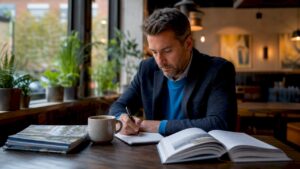 Real estate agent planning SEO strategy at desk