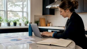 Real estate agent typing SEO keywords at home desk
