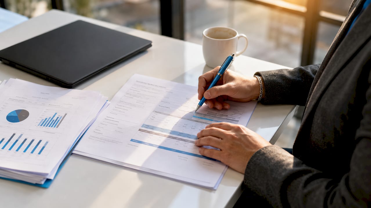 Hands marking SEO monthly retainer document