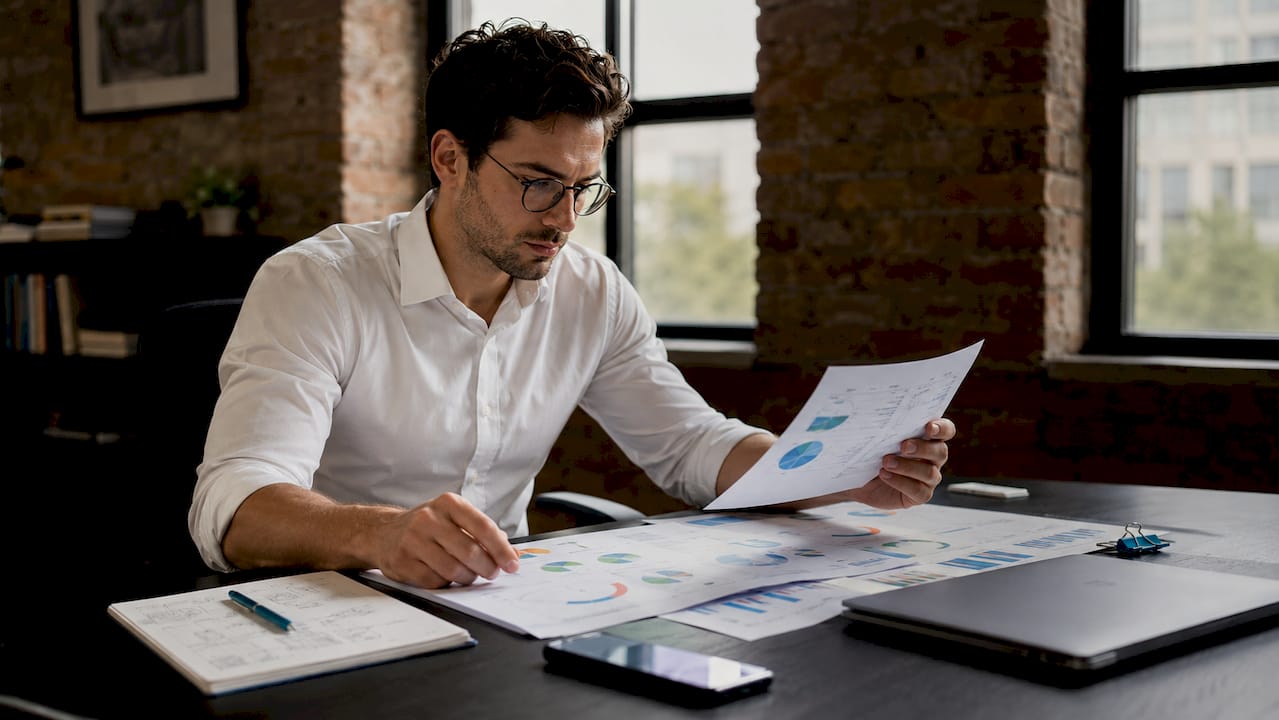 SEO analyst reviewing printed SEO reports at desk