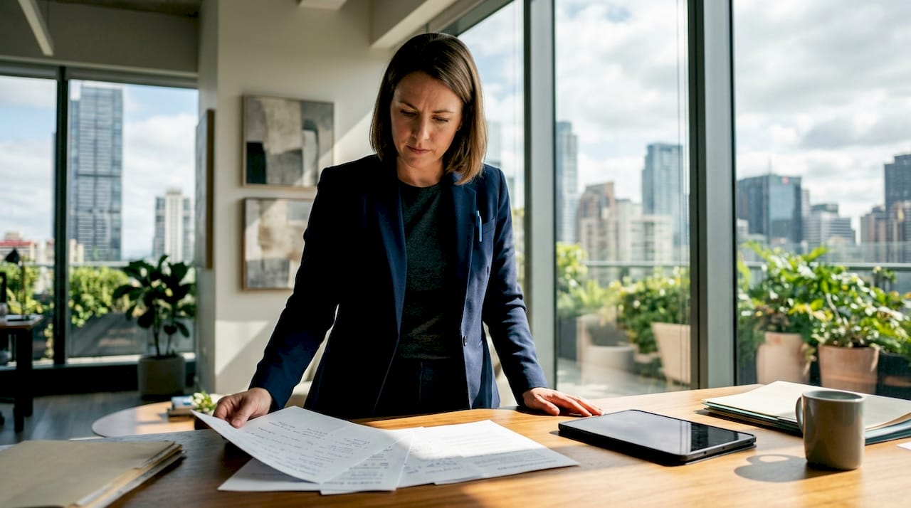 Woman reviewing SEO outsourcing documents