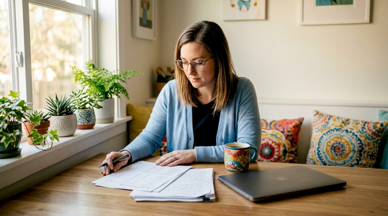 Real estate agent reviewing keyword research sheets