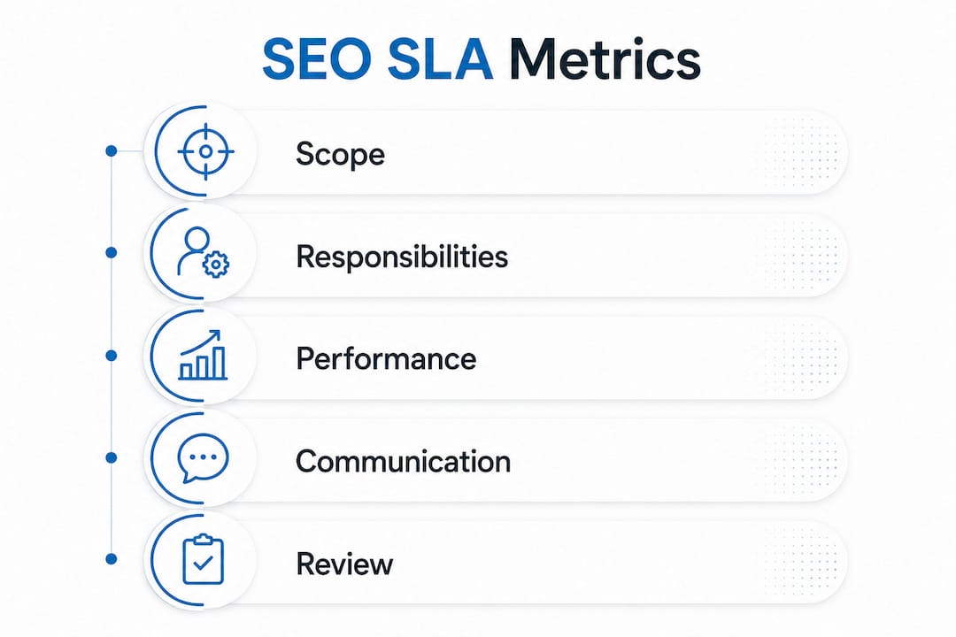 Infographic detailing SEO SLA performance metrics steps