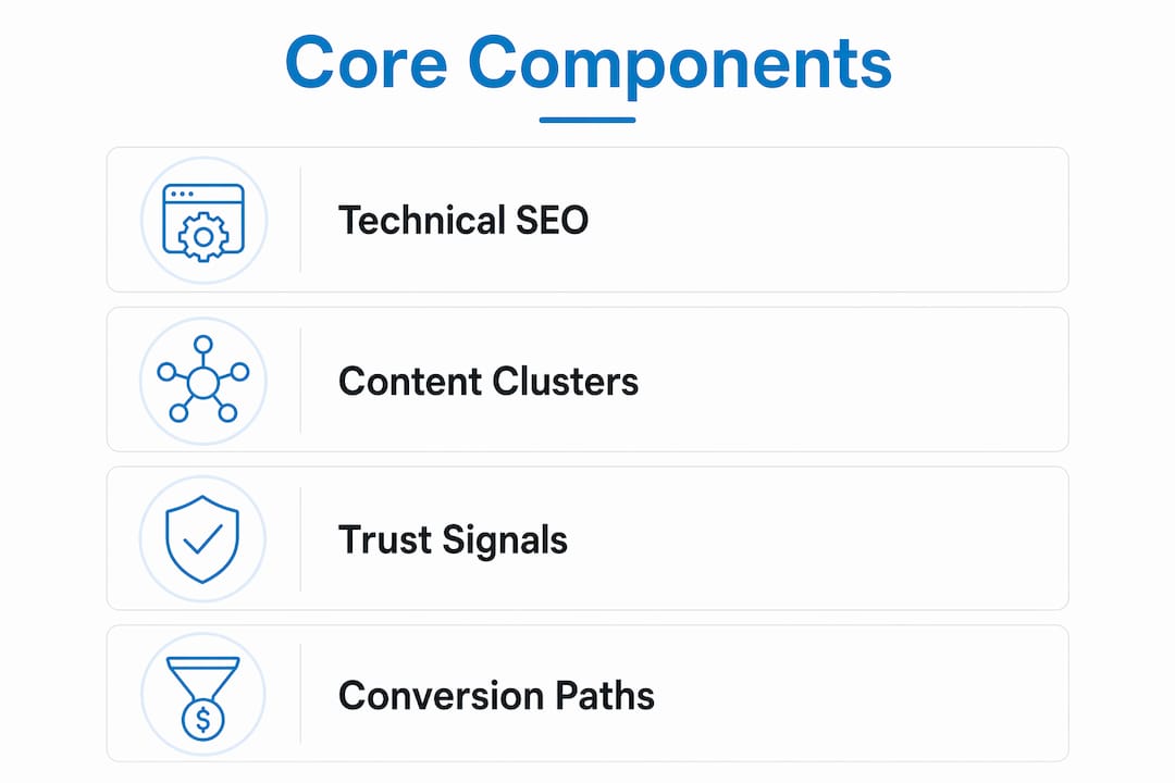 Infographic showing core components of telehealth SEO strategy