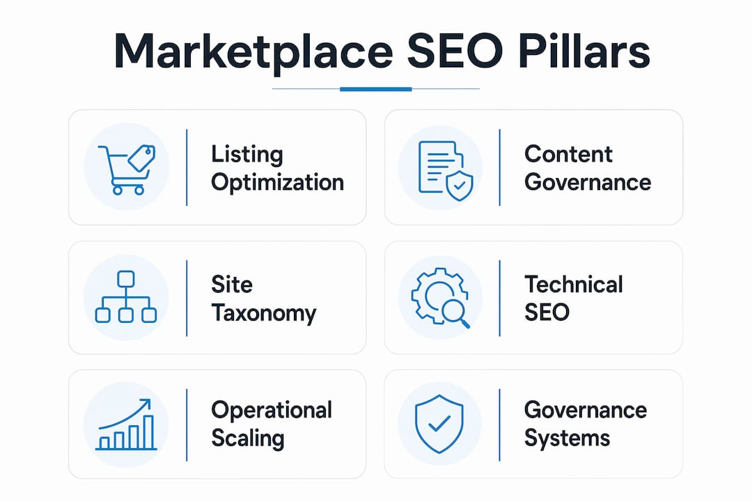 Infographic showing core pillars of marketplace SEO strategy
