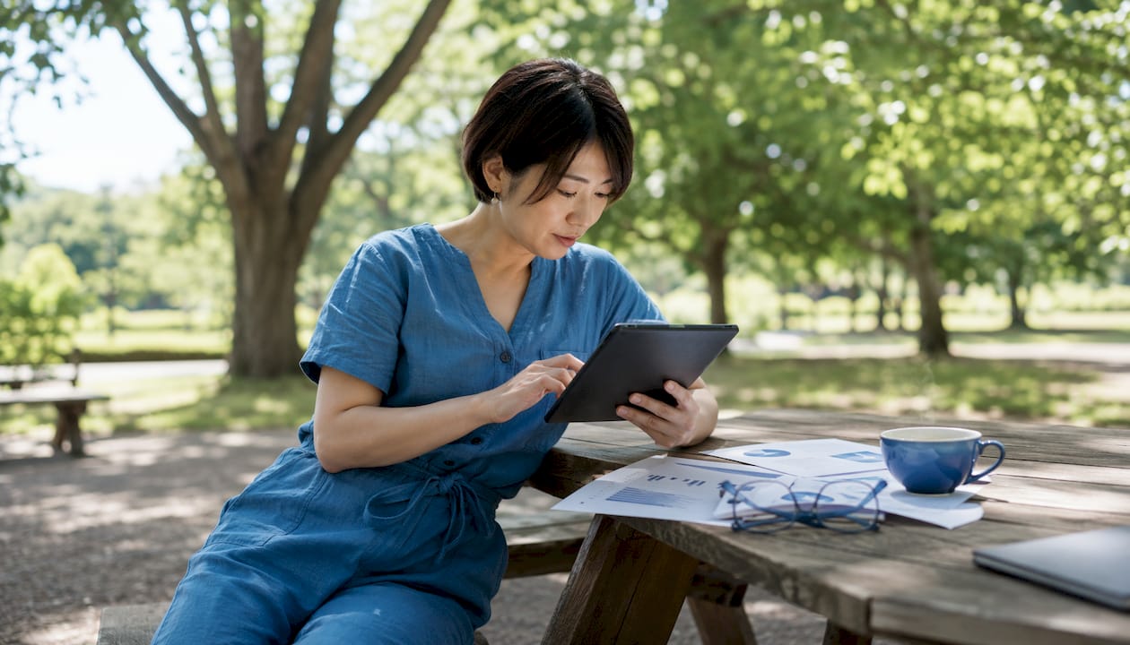 Hands scrolling SEO metrics tablet with report