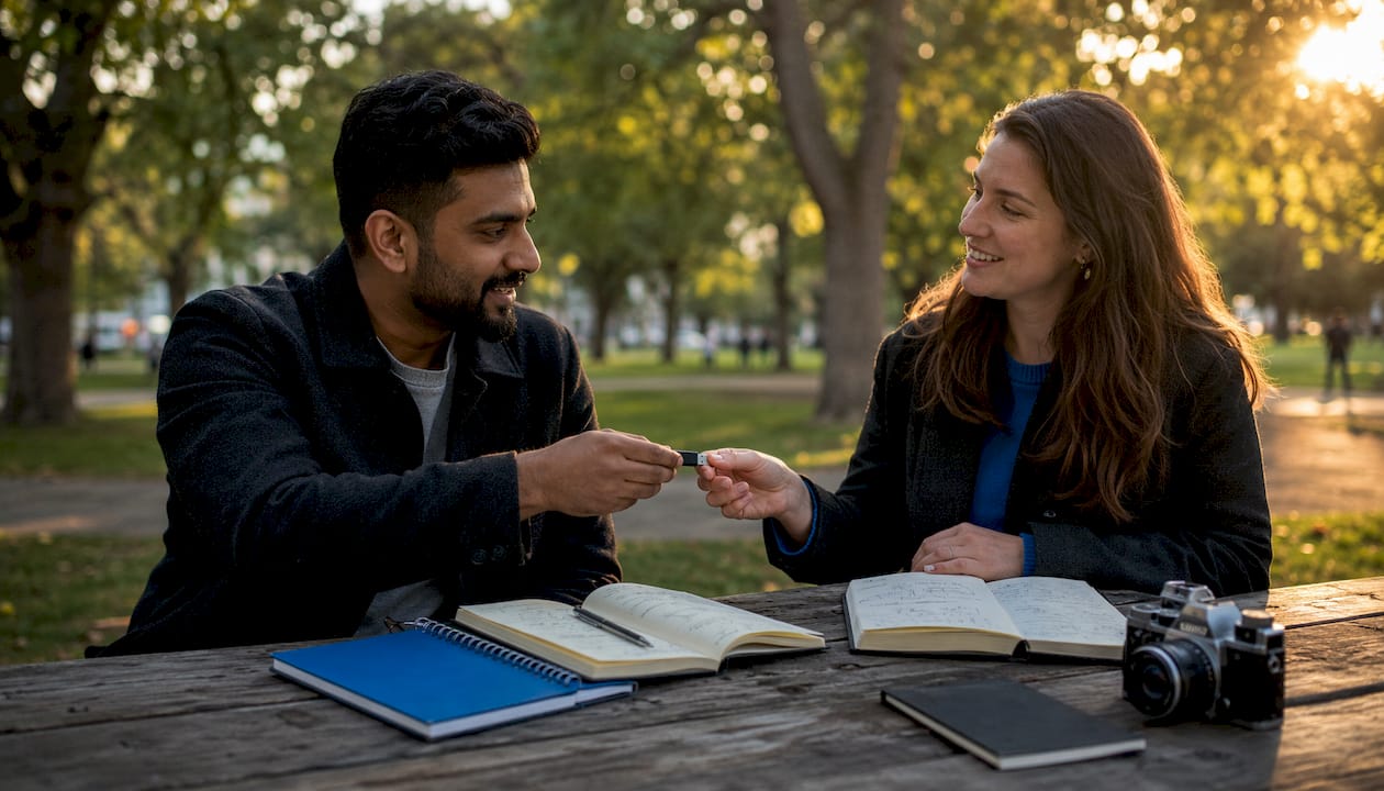 Team sharing USB drive outdoors for SEO data