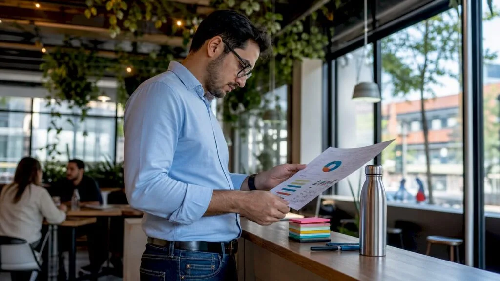SEO strategist reviewing printed report at office desk